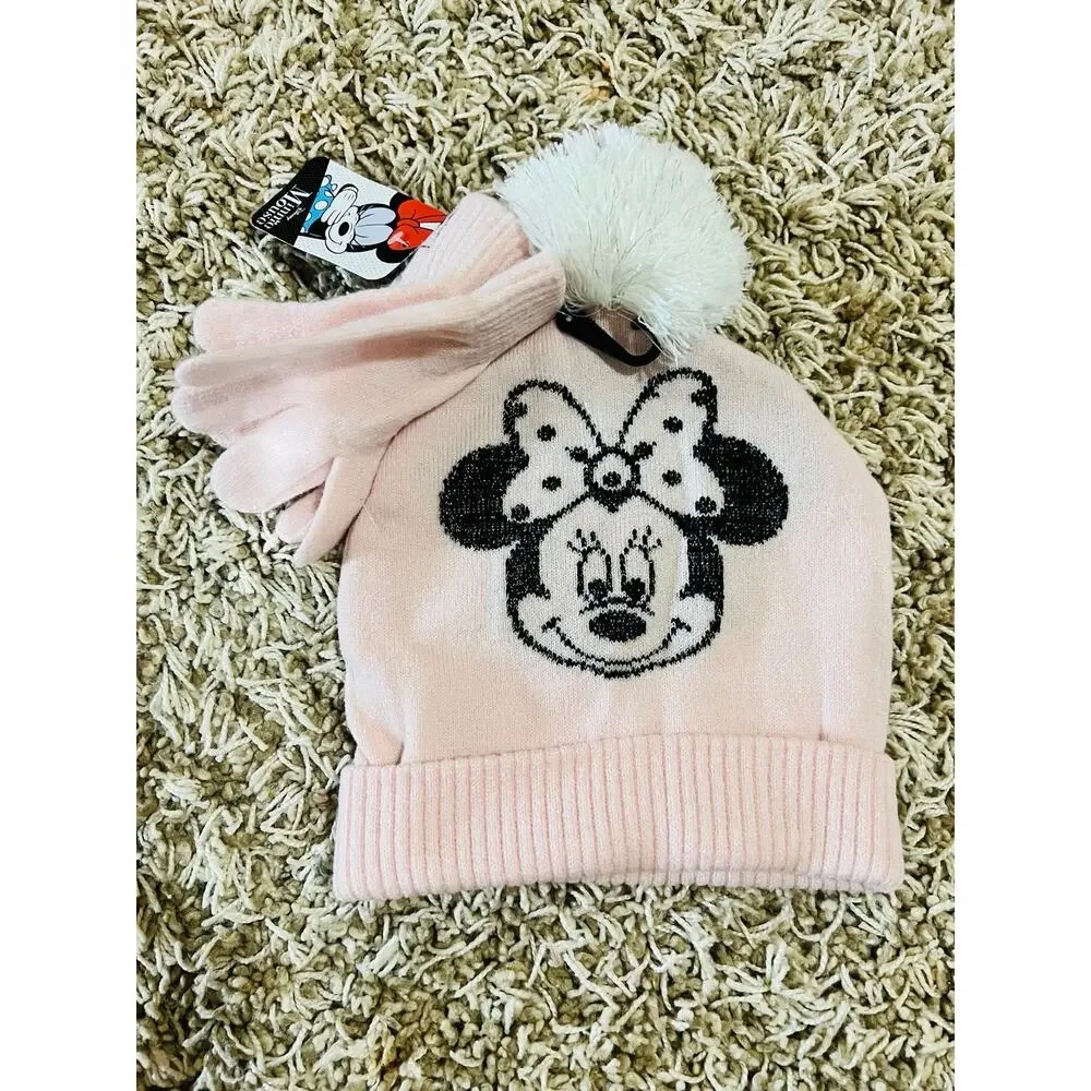 NWT❤️Disney Minnie Mouse Girls 2 Piece Beanie Hat and Glove Set Pink